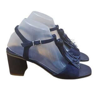 HISPANITAS Navy Blue Suede Tassel Sandals Block Heel Made in Spain EU 40 US 9-9.